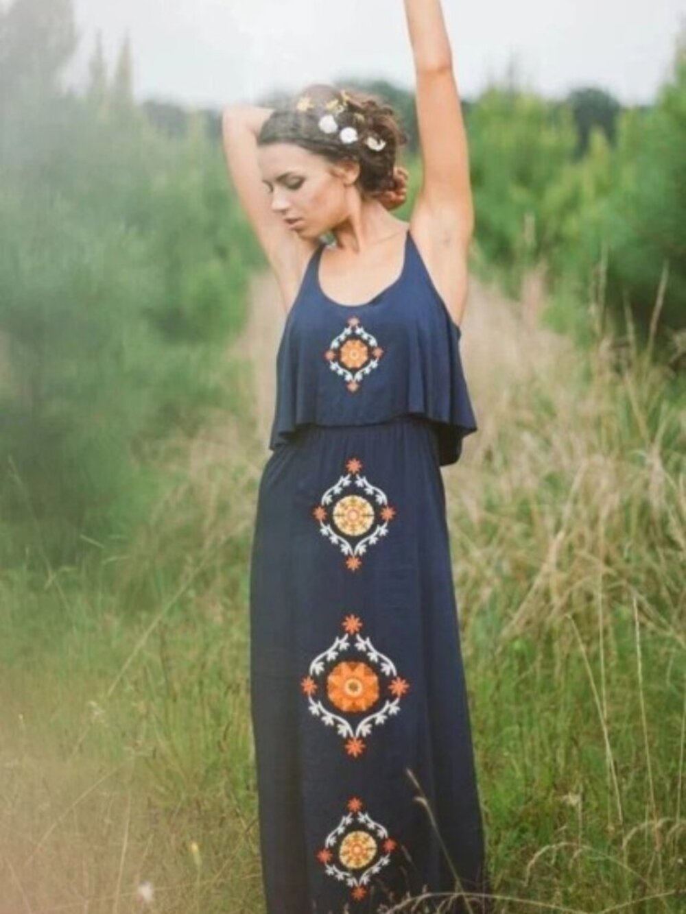 THML Embroidered Floral Maxi Dress Navy Blue Sleeveless Festival Boho M